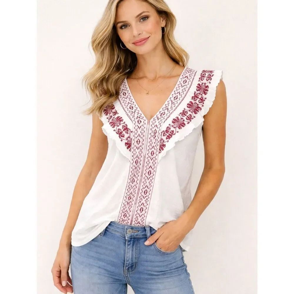 Anthropologie Reath & Wren Embroidered Red & White Ruffled Blouse
